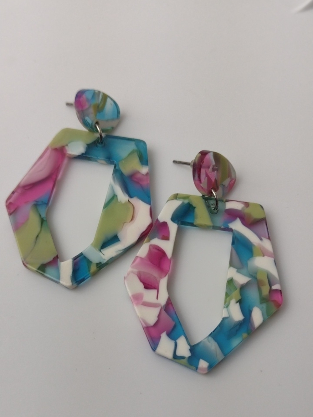 Turquoise Green Pink & White Gorgeous Resin Post Drop Earrings